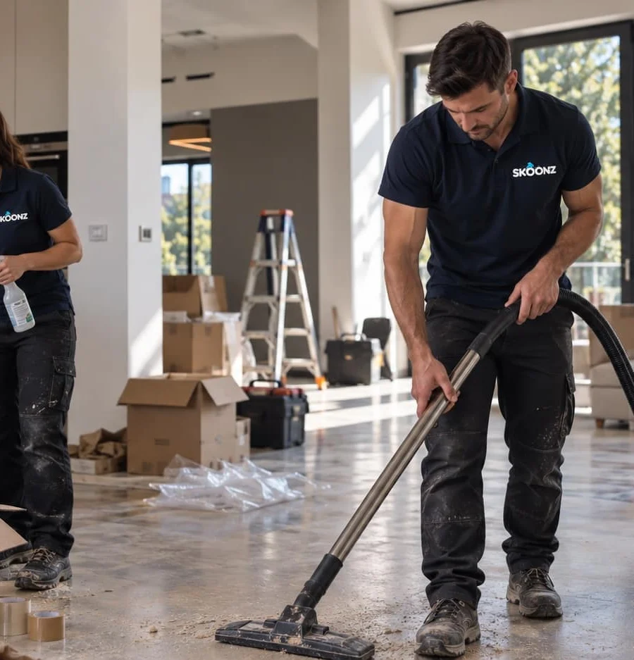 Twee Skoonz-medewerkers maken een woonkeuken schoon na een verhuizing