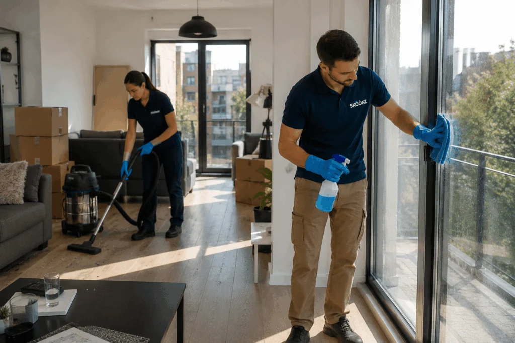 Skoonz-medewerkers maken ramen en vloer schoon in een woning die in de verkoop gaat