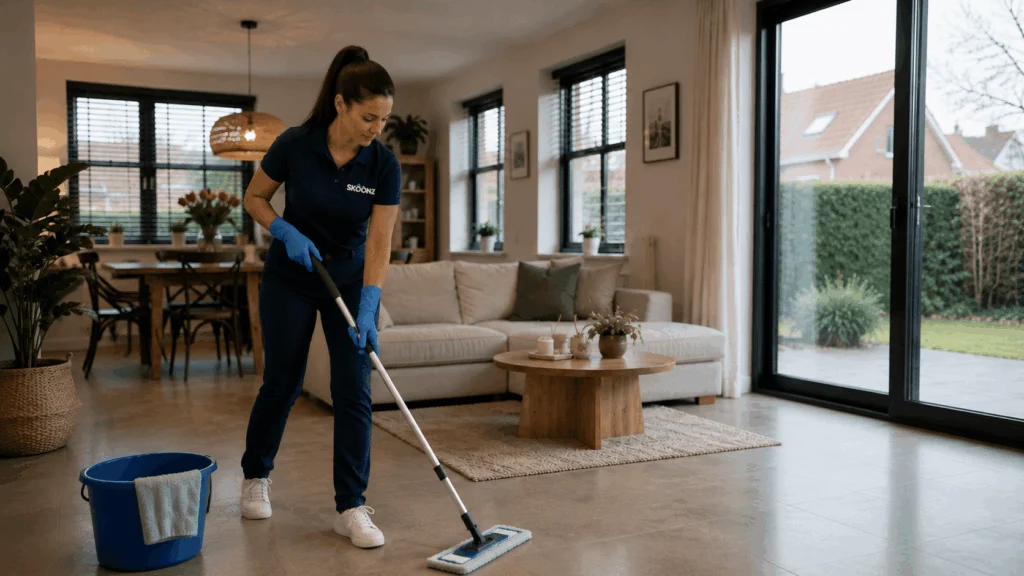 Skoonz-medewerker dweilt de houten vloer van een woonkamer